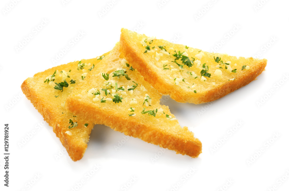 Garlic French bread slices isolated on white