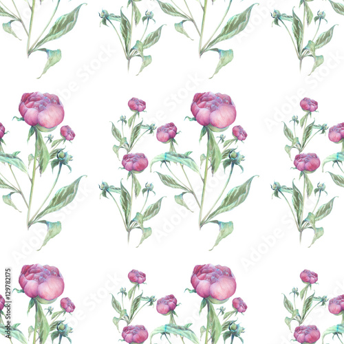 Seamless pattern. Peonies. Collage of flowers and leaves on a white background. Watercolor. Use printed materials, signs, items, websites, maps, posters, postcards, packaging.