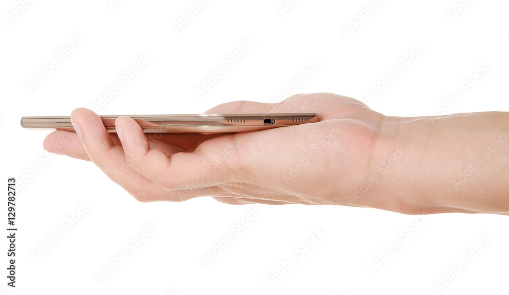 Hand holding smart phone on white background Hand holding smart phone on white background