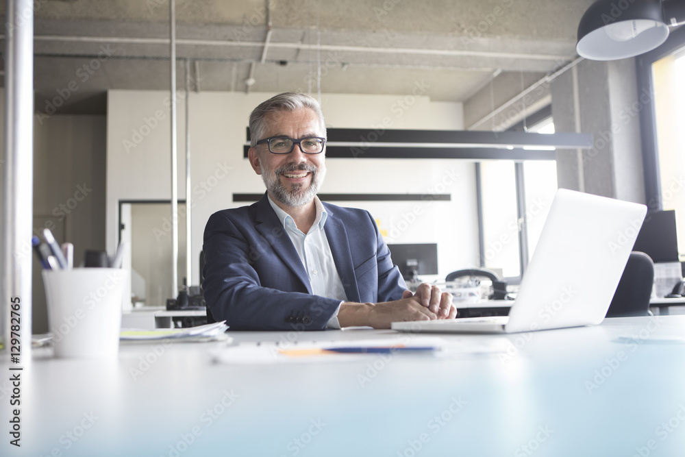 Smiling businessman using laptop in office Smiling businessman using laptop in office