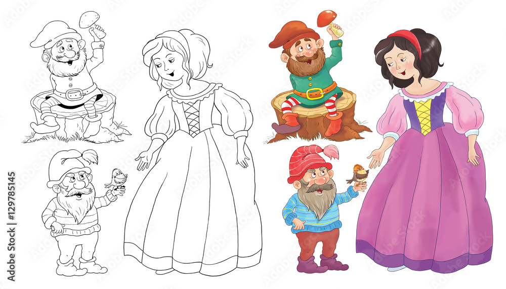 Fairy tale. The Snow White and seven dwarfs. Illustration for children Fairy tale. The Snow White and seven dwarfs. Illustration for children