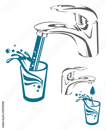 Image of tap with drop, falling water and glass