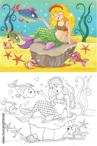 Fairy tale. The mermaid. Coloring page. Illustration for children