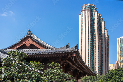 Temple roof with modern tall building, Hong Kong