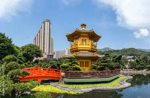 Front View The Golden Pavilion Temple panoramic view in Nan Lian Garden, Hong Kong