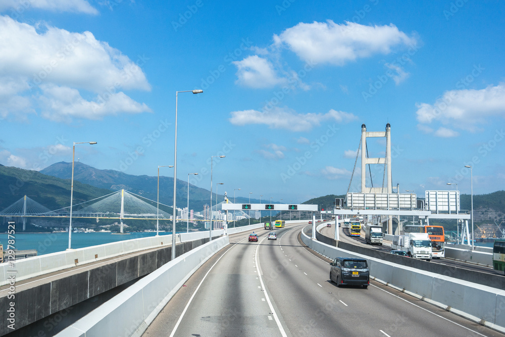 Passing through the Suspension Kap Shui Mun bridge in Hong Kong