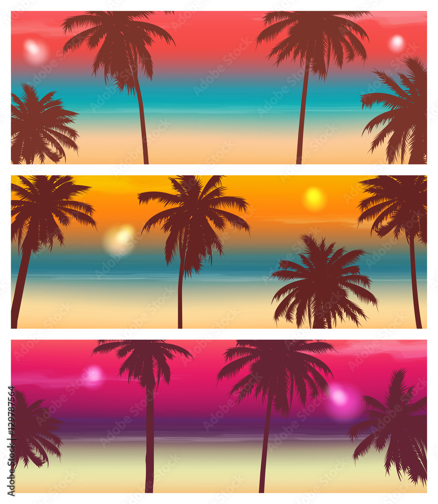 Travel Banner with Palm Trees. Exotic landscape. Vector
