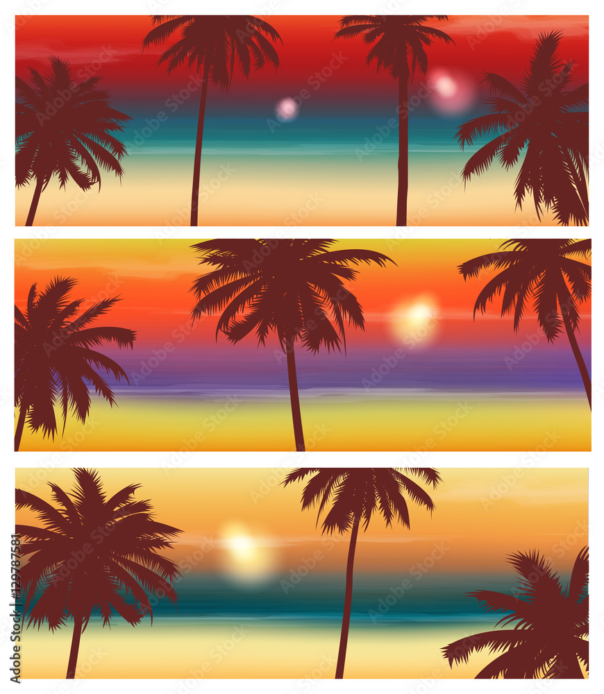 Travel Banner with Palm Trees. Exotic landscape. Vector
