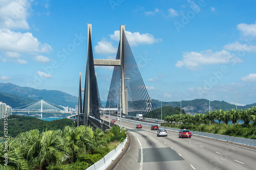 Passing through the Suspension Kap Shui Mun bridge in Hong Kong