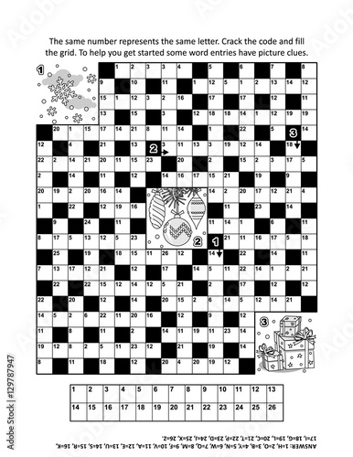Puzzle page with winter holiday themed codebreaker (or codeword, or code cracker) word game 2, with about 12 themed words. Answer included.
