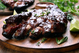 Barbecue pork ribs on wooden board