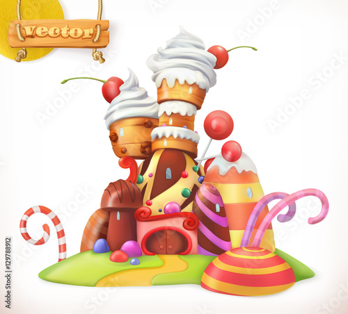 Sweet castle. Gingerbread house. Cake, cupcake, candy. 3d vector icon