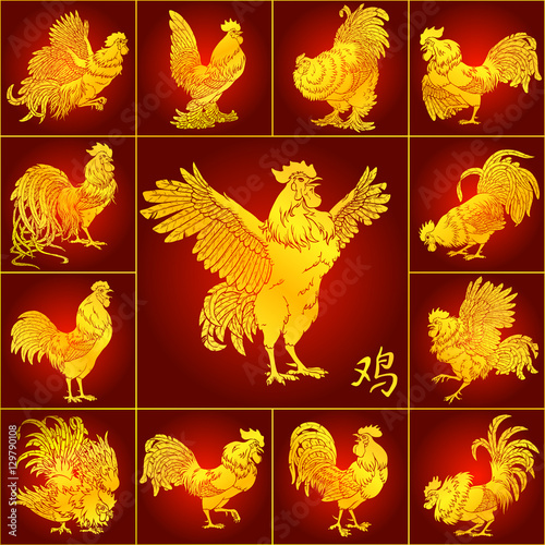 Set roosters gold on red