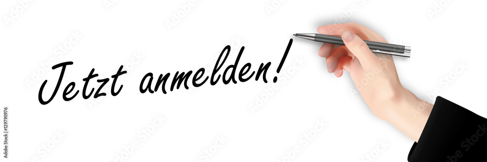 Jetzt anmelden - Hand schreibt Text