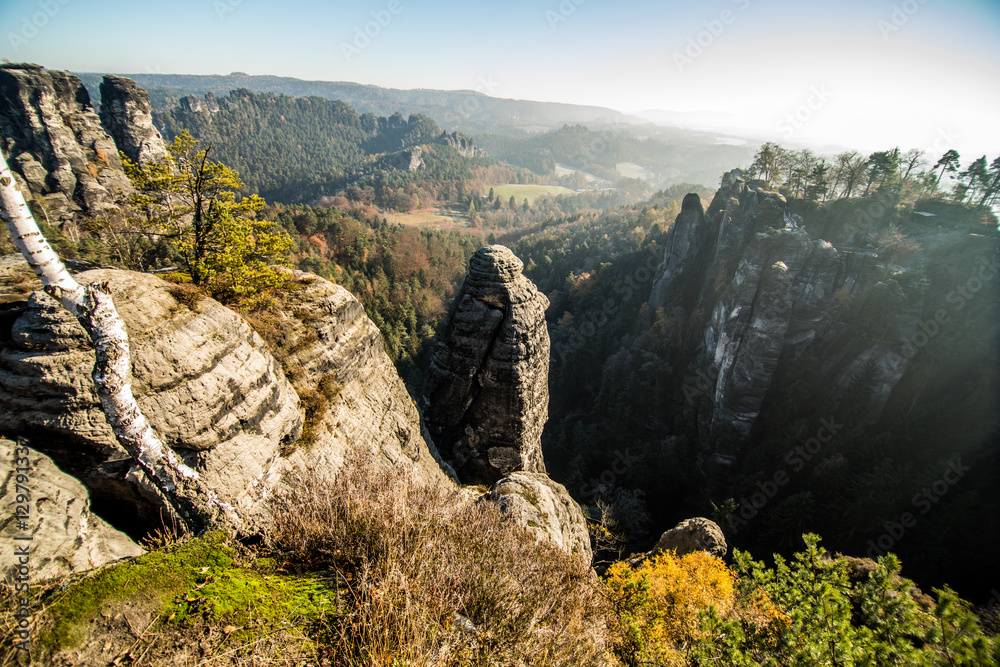 Obraz premium The Bastei Bridge and the Saxon Switzerland National Park, Germany. The Bastei like a point of turistic destination.