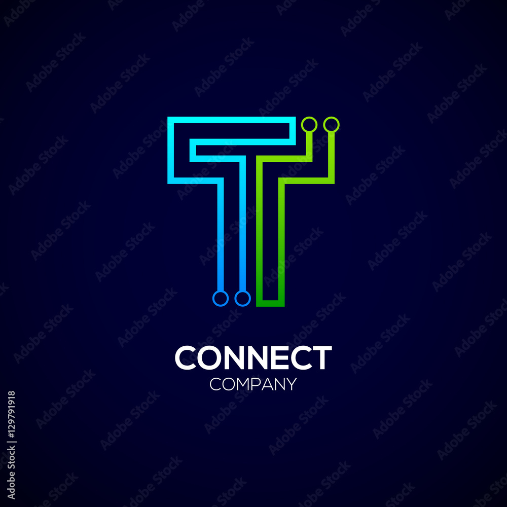  Letter T logotype green and blue color,Technology and digital abstract dot connection vector logo - obrazy, fototapety, plakaty 
