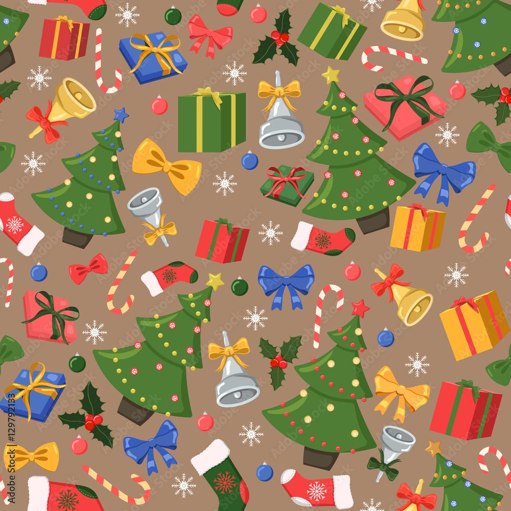 Christmas and New Year seamless pattern with holiday decorations