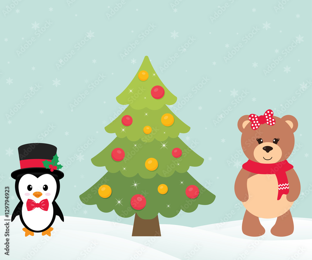 cute penguin with christmas fir tree and cute bear cute penguin with christmas fir tree and cute bear