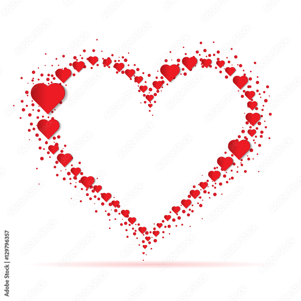 Romantic heart shaped frame with paper cut red hearts and red confetti on white background. Vector illustration.