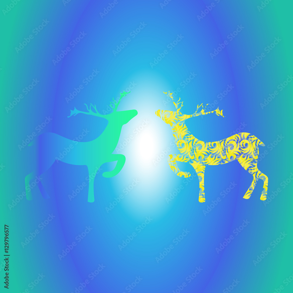 Two deers with gradient on blue background. Fashion graphic design. Modern stylish abstract texture. Template for print decoration. Vector illustration. Two deers with gradient on blue background. Fashion graphic design. Modern stylish abstract texture. Template for print decoration. Vector illustration.