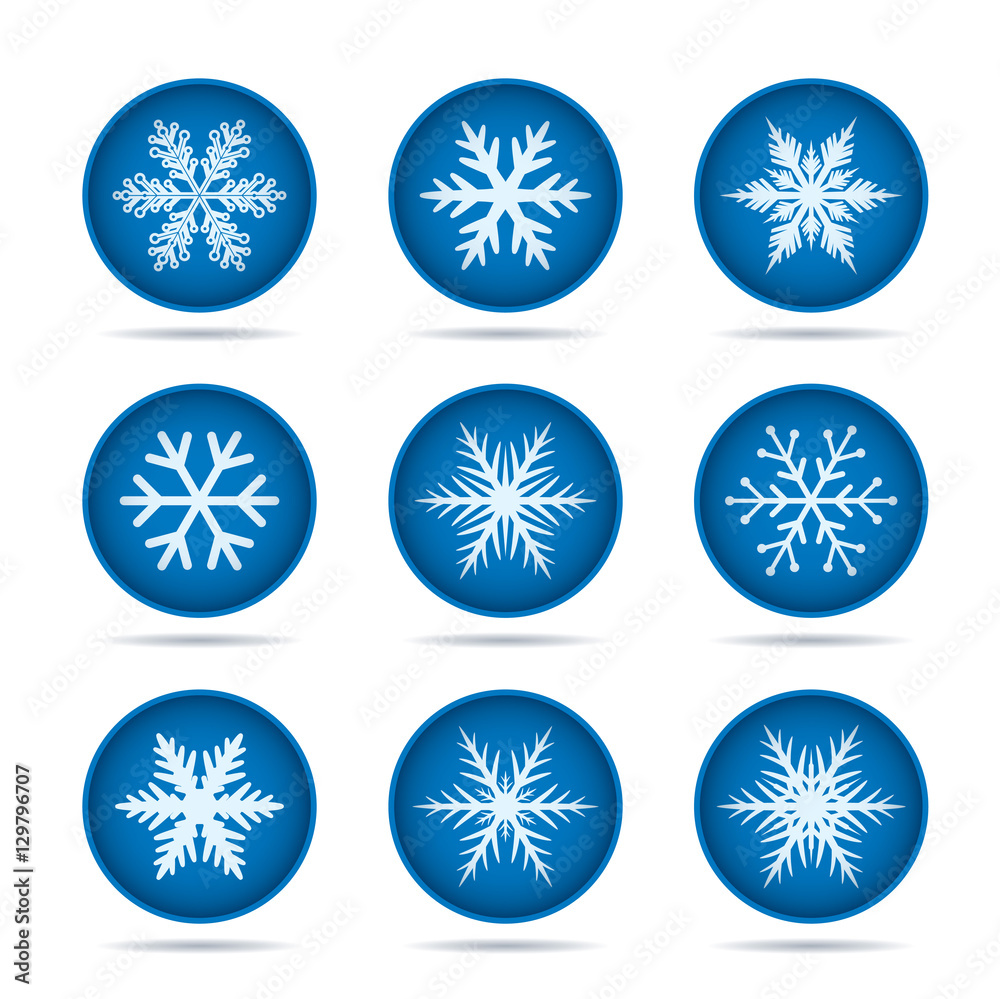 Set of blue Buttons. Snowflakes Icon. Vector Illustration. Set of blue Buttons. Snowflakes Icon. Vector Illustration.