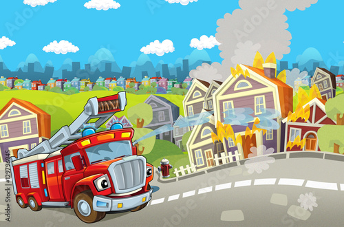 Cartoon stage with truck for firefighting - colorful and cheerful scene - illustration for children © honeyflavour