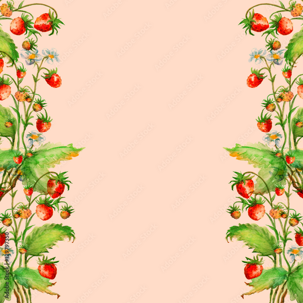 Fototapeta premium Watercolor card, invitation, frame with vintage pattern strawberries. Red berry. Vintage drawing. 