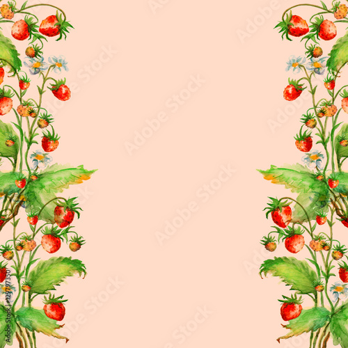 Watercolor card, invitation, frame with vintage pattern strawberries. Red berry. Vintage drawing. 