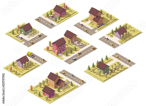 Vector isometric low poly suburban buildings