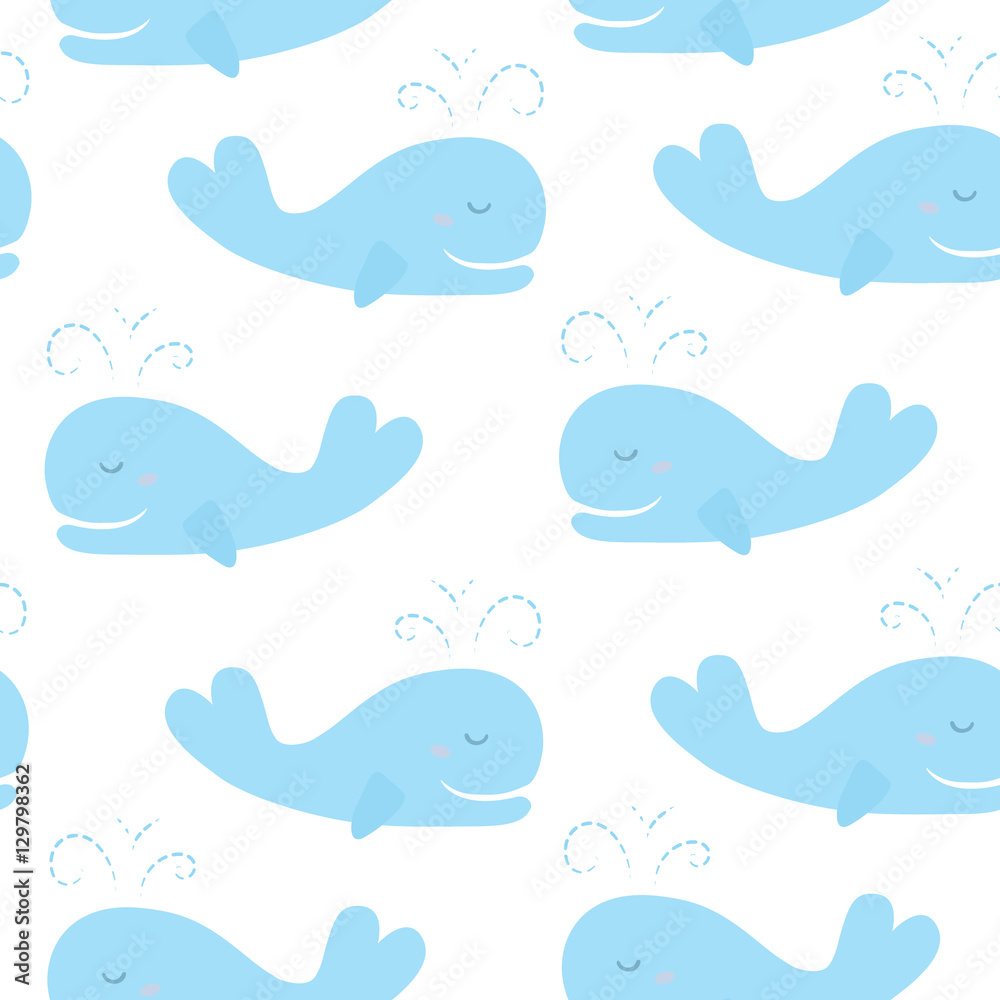 Cute background with cartoon blue whales. Baby shower design. Seamless pattern can be used for wallpapers, pattern fills, surface textures Cute background with cartoon blue whales. Baby shower design. Seamless pattern can be used for wallpapers, pattern fills, surface textures