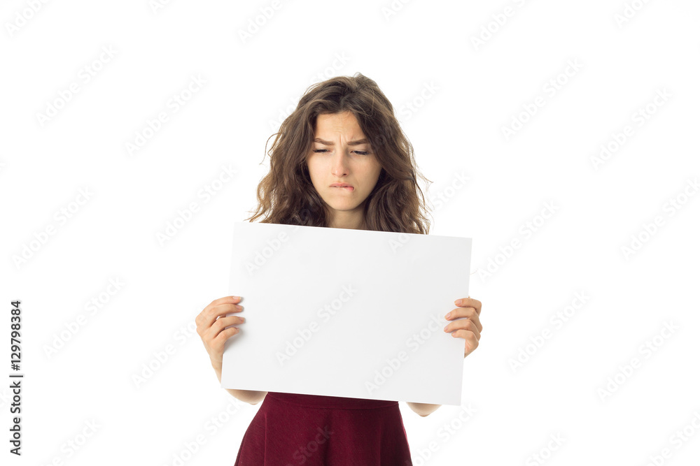 girl in red dress with white placard girl in red dress with white placard