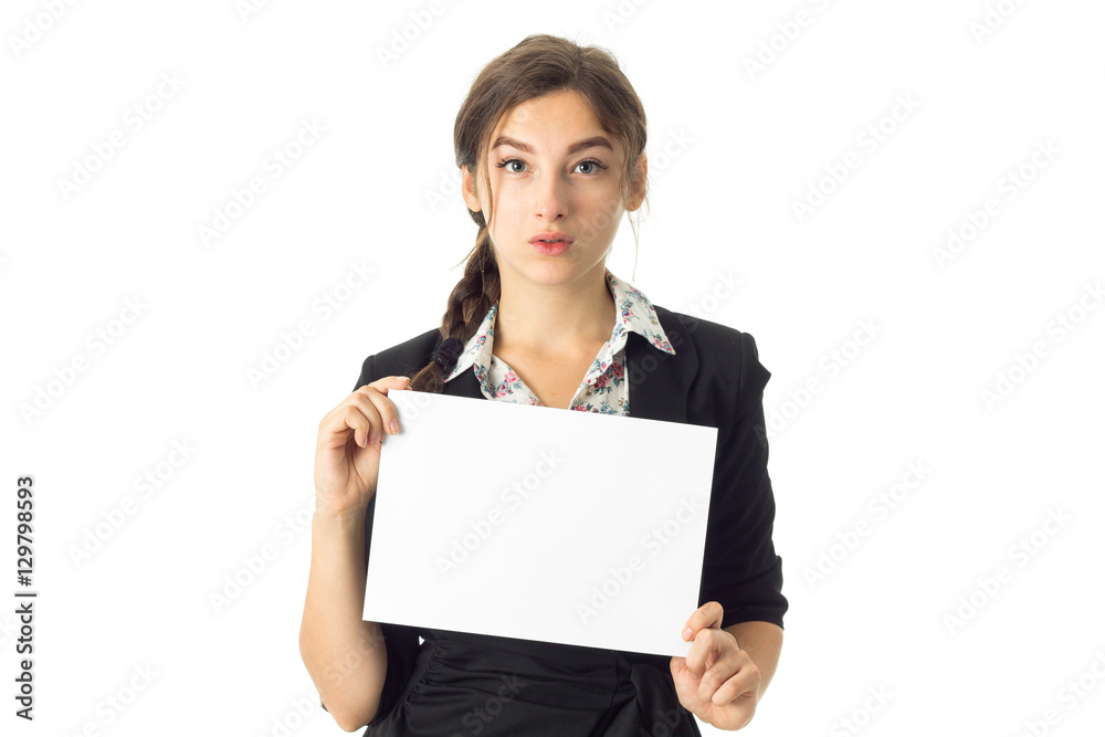 woman in uniform with white placard in hands woman in uniform with white placard in hands