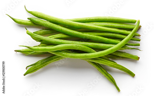 Green beans isolated on white, from above