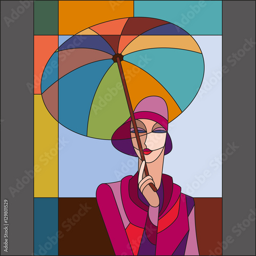 Woman under umbrella pattern. Art deco vector colored geometric pattern. Art deco stained glass pattern.