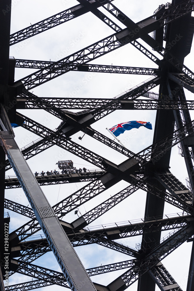A group of people at the top of the Harbour Bridge in Sydney, Australia