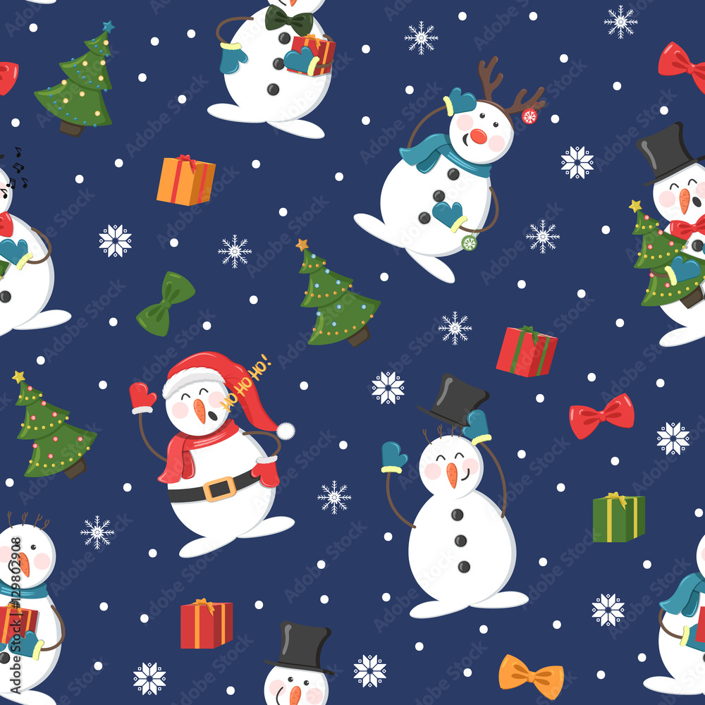 Seamless Christmas pattern with snowman, gifts and snowfall Seamless Christmas pattern with snowman, gifts and snowfall
