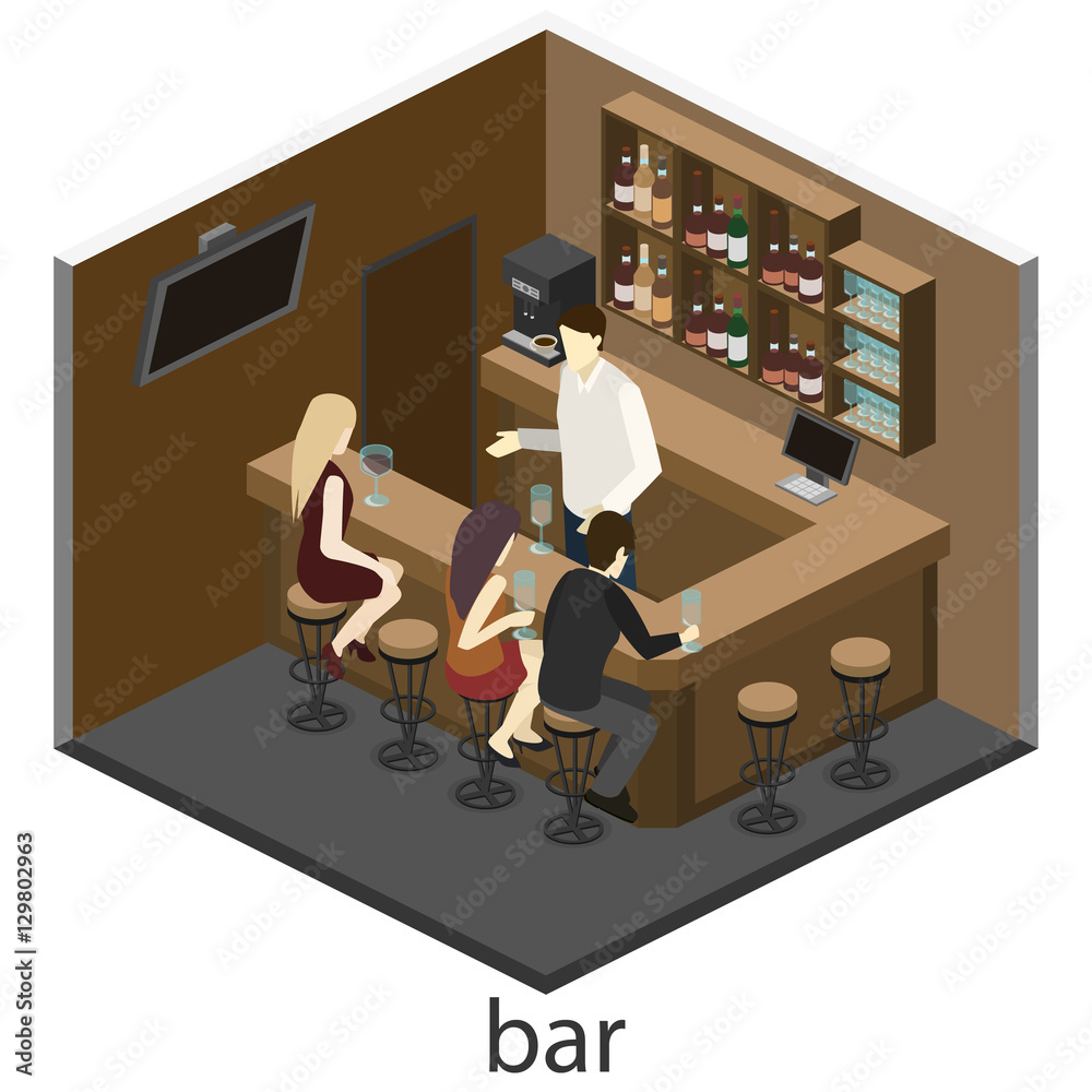 Fotografie Isometric 3D flat interior of bar or pub.