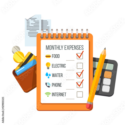 Expenses checklist, receipts, wallet, calculator