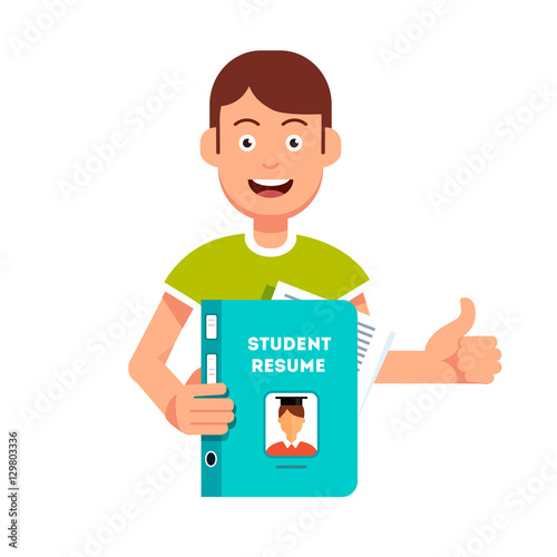 Future student holding and showing his resume