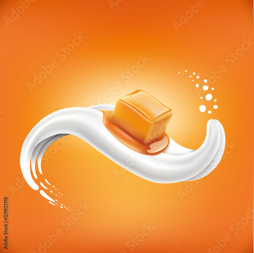 milk splash with caramel candy lying on milk tongue
