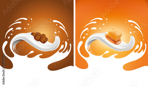 milk splash with coffee beans and caramel lying on milk tongue