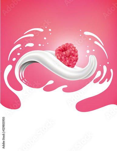 milk splash with raspberry lying on milk tongue