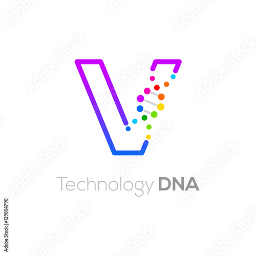 Letter V colorful with abstract biotechnology dna logotype. Medicine, science, laboratory,Technology DNA vector concept