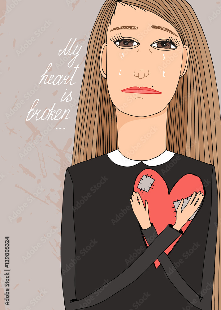 Hand drawn sad girl with broken heart Stock Vector Adobe Stock