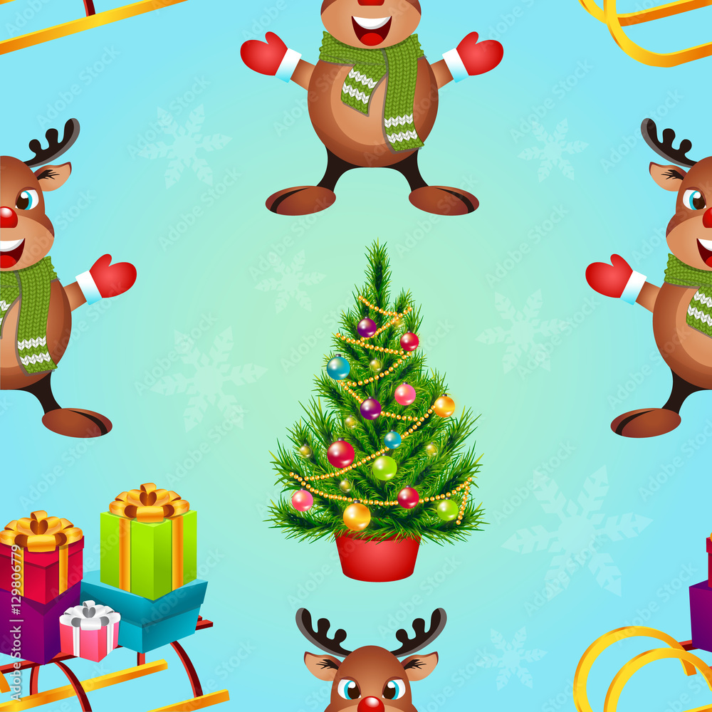 Naklejka premium Christmas poster design with snowman characters.Santa Claus.Happy Christmas companions.Vector Christmas.Seamless holiday background .