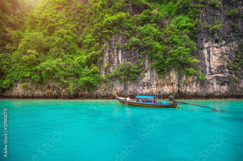 Long boat and blue water at Maya bay in Phi Phi Island  Krabi Th