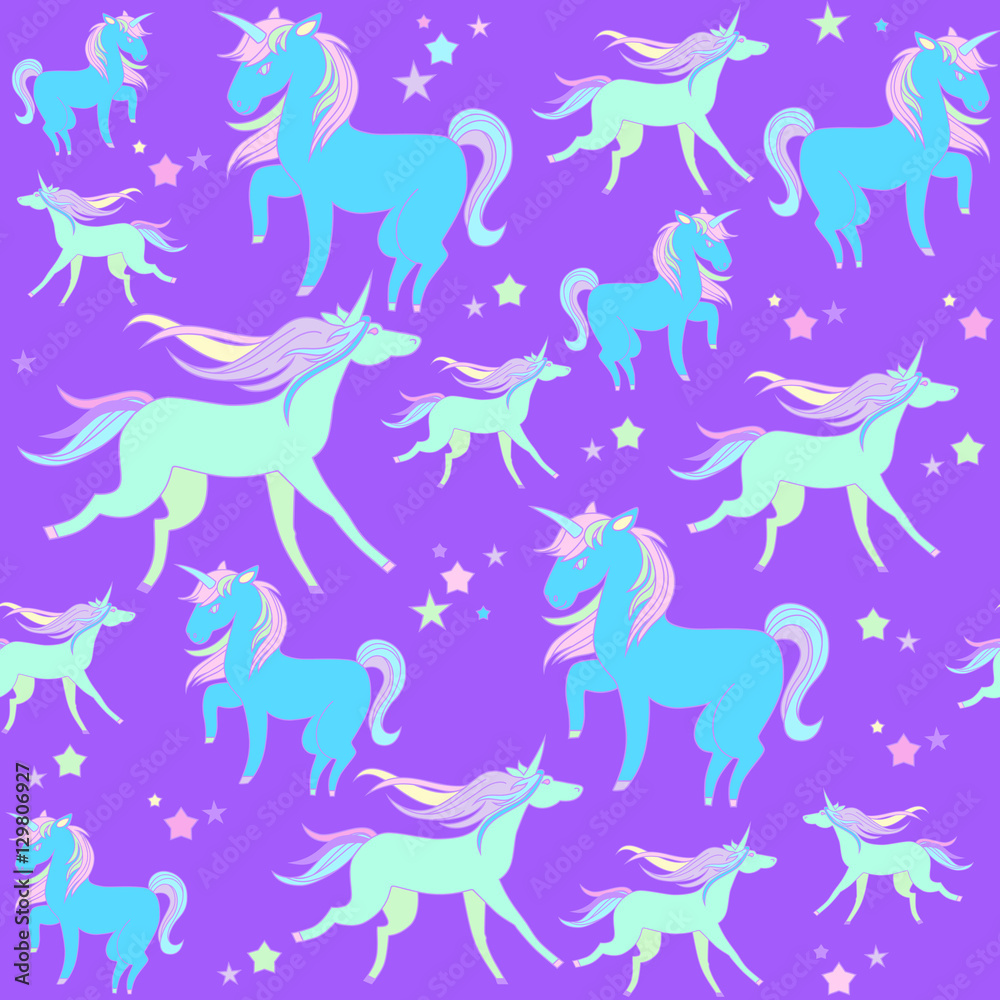 Blue and green unicorns on a violet background with stars.