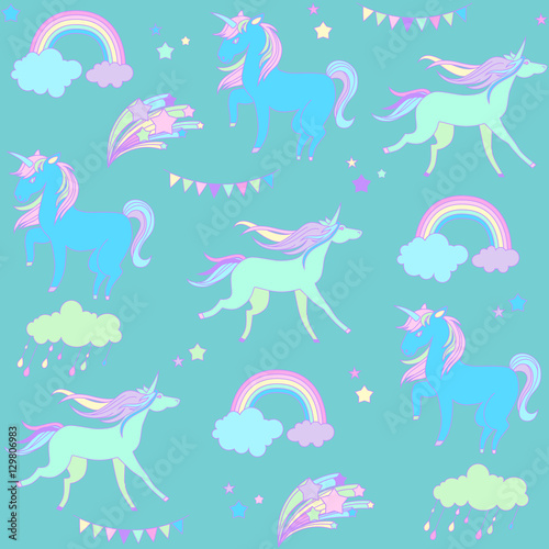 Blue and green unicorns with flags on a dark  background  stars.