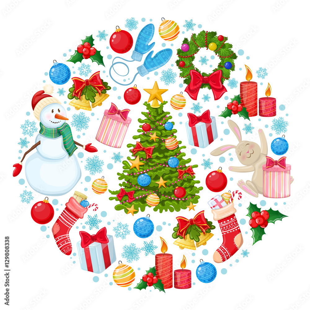 Round template with Christmas icons. Colorful cartoon Christmas illustration for decoration. Vector.