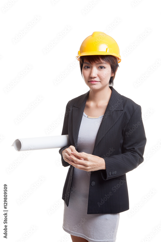 Asian engineer woman with blueprints. Asian engineer woman with blueprints.